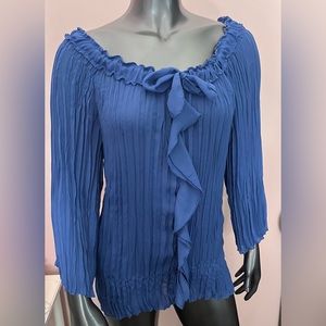 Adjustable Neckline Accordion Pleated Blue Lightweight Blouse